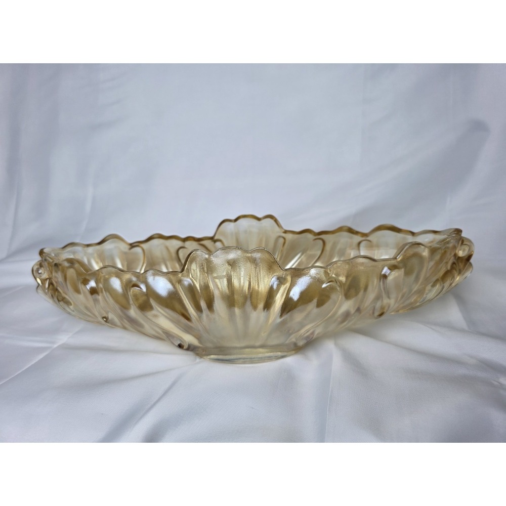 Vintage Amber Iridescent Carnival Glass Scalloped Oval Centerpiece Bowl 12 Inch